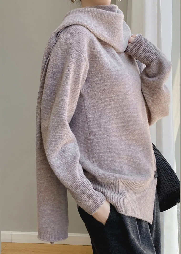 Coffee Scarf Collar Button Patchwork Wool Sweaters Spring