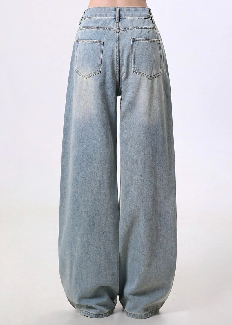 Blue Embroidered Pockets Denim Pants Spring