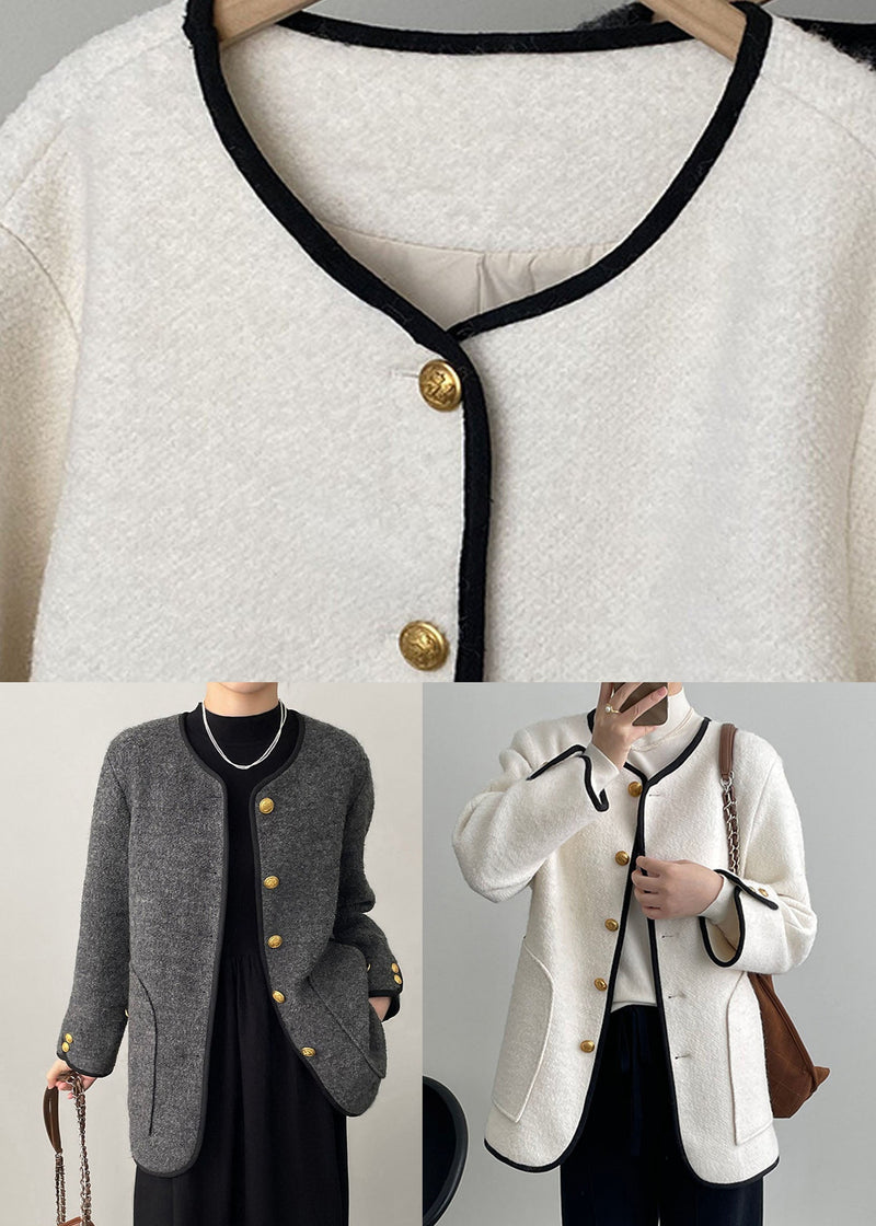 White Pockets Patchwork Woolen Coat Long Sleeve