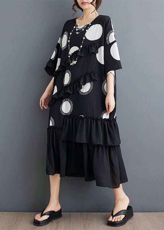 Black O Neck Ruffled Patchwork Chiffon Dress Summer