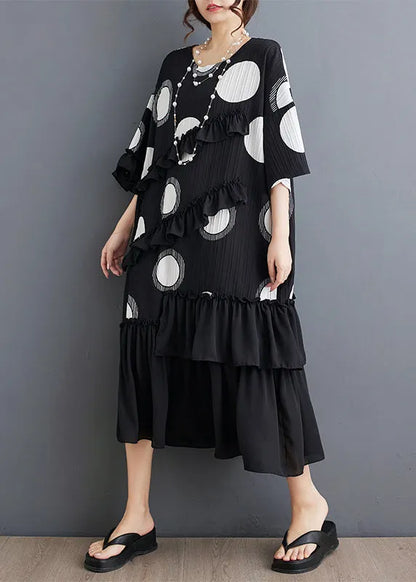 Black O Neck Ruffled Patchwork Chiffon Dress Summer