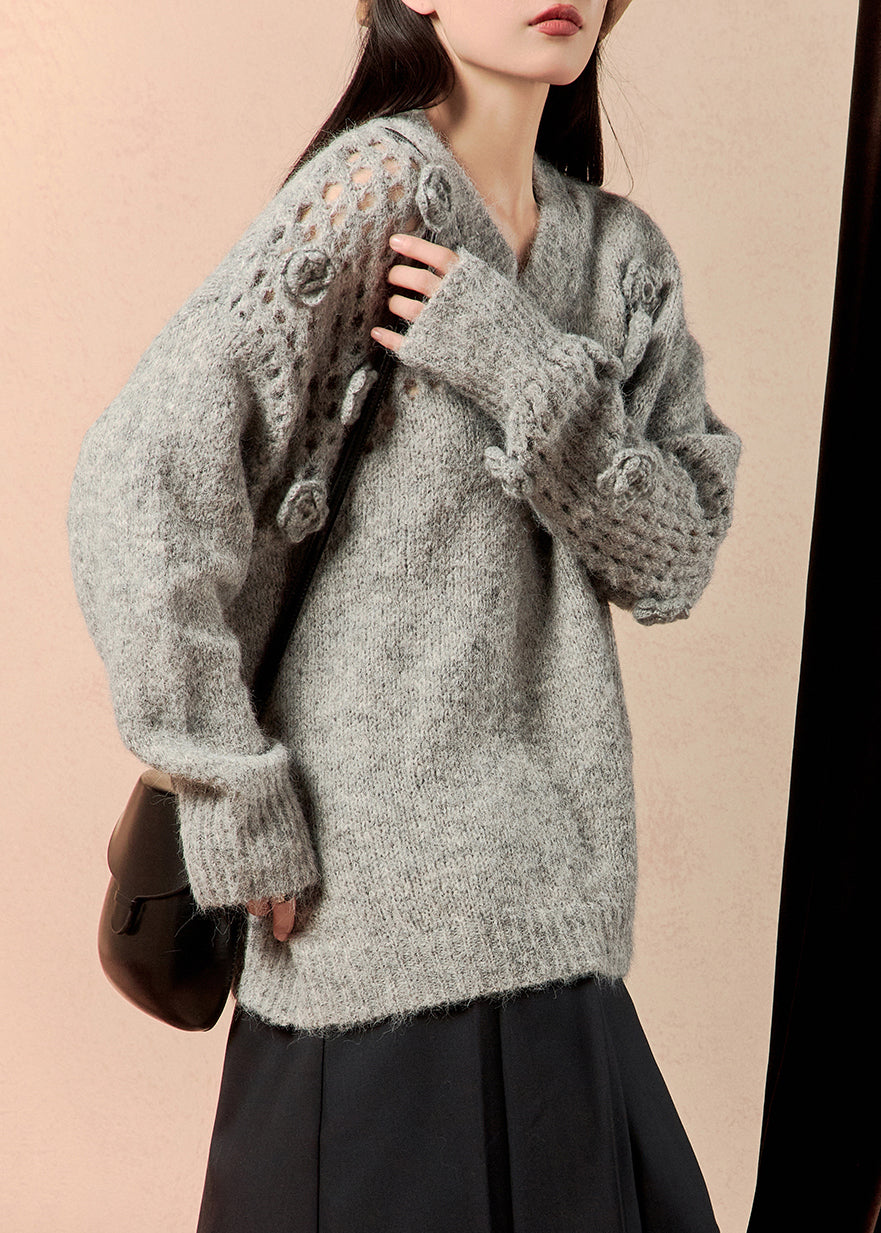 Grey V Neck Hollow Out Knit Sweater Winter