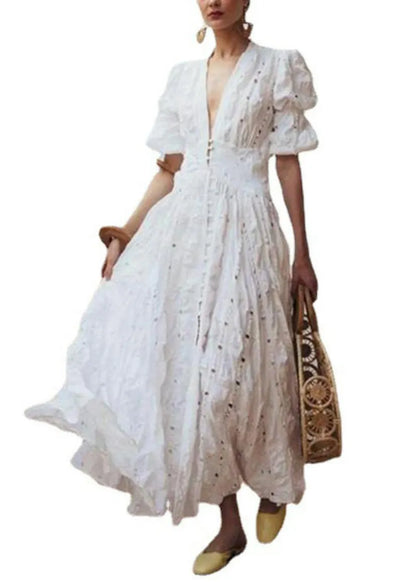 White Puff Sleeve Exra Large Hem Cotton Holiday Dress Spring