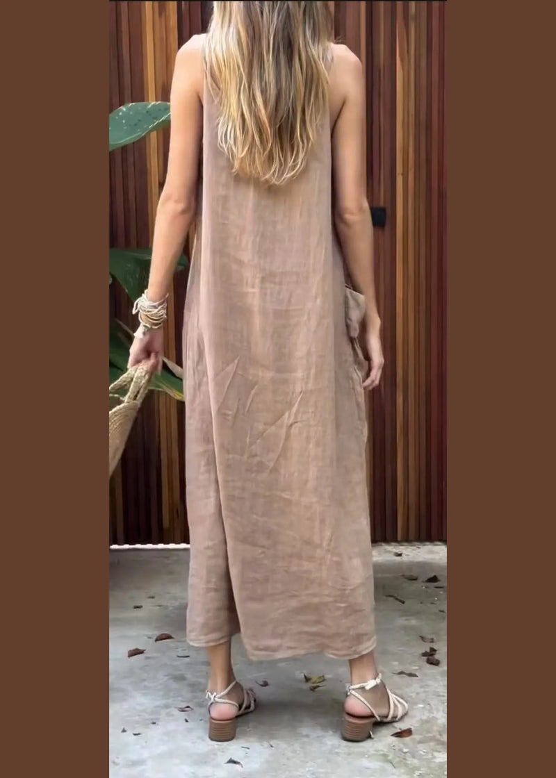 Khaki V Neck Pockets Cotton Spaghetti Strap Dress Summer
