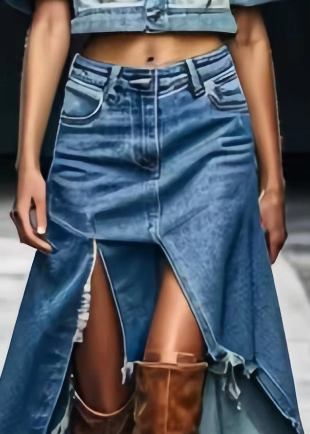 Blue Asymmetrical Side Open Denim Skirts Summer