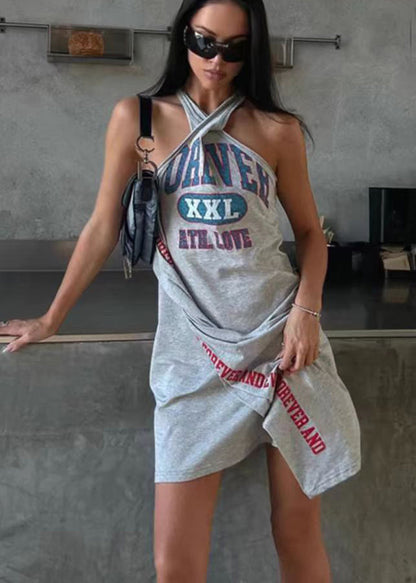 Grey Asymmetrical Print Cotton Dresses Sleeveless