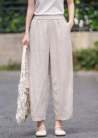 Purple Pockets Elastic Waist Linen Crop Pants Summer