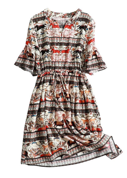 V Neck Print Chiffon Dress Flare Sleeve