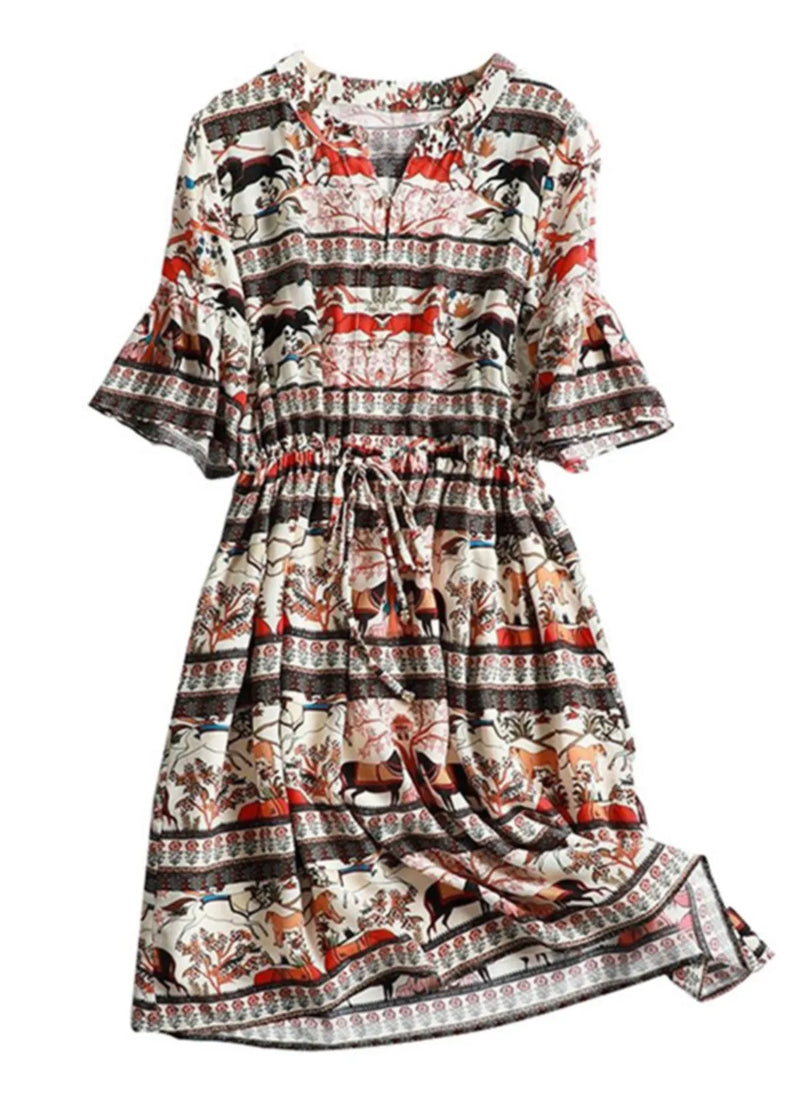 V Neck Print Chiffon Dress Flare Sleeve