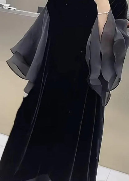 Black O-neck Patchwork Silk Velvet Maxi Dress Butterfly Sleeve