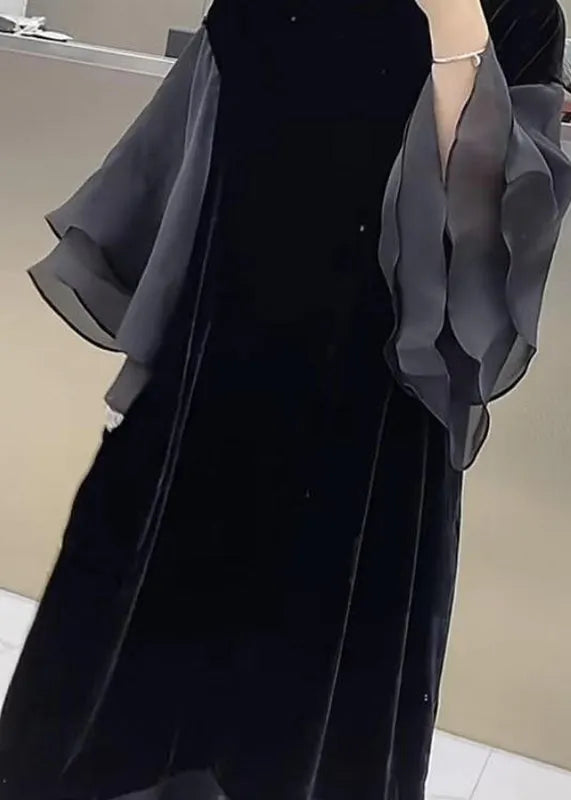 Black O-neck Patchwork Silk Velvet Maxi Dress Butterfly Sleeve