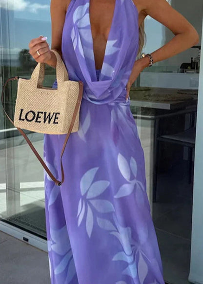 Summer Purple Print Sleeveless Dress Backless Hanging Neck