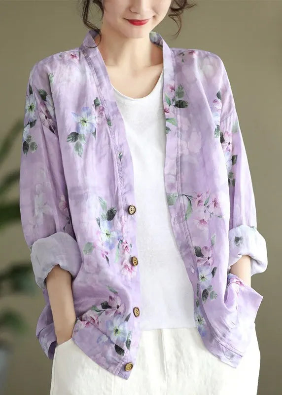 Orange V Neck Button Print Cotton Cardigans Spring