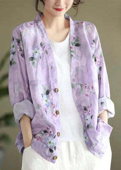 Orange V Neck Button Print Cotton Cardigans Spring