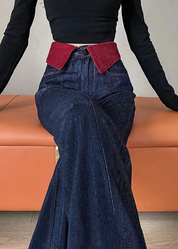 Navy High Waist Patchwork Denim Straight Pants Spring