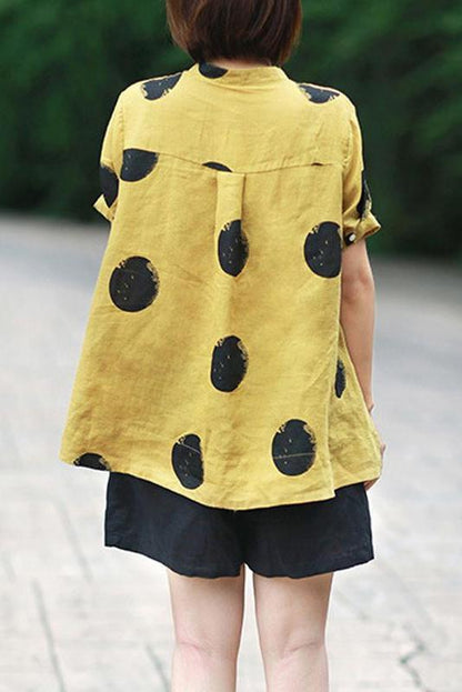 Limited Stock- Polka Dot Cotton Linen Stand Collar Shirt
