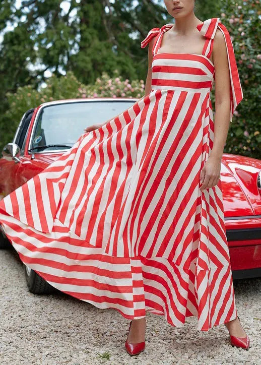 Modern Blue Striped Lace Up Cotton Spaghetti Strap Dress Summer