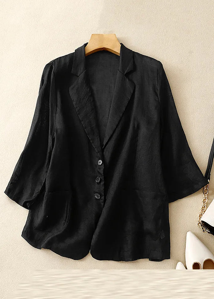 New White Notched Pockets Thin Linen Coats Half Sleeve