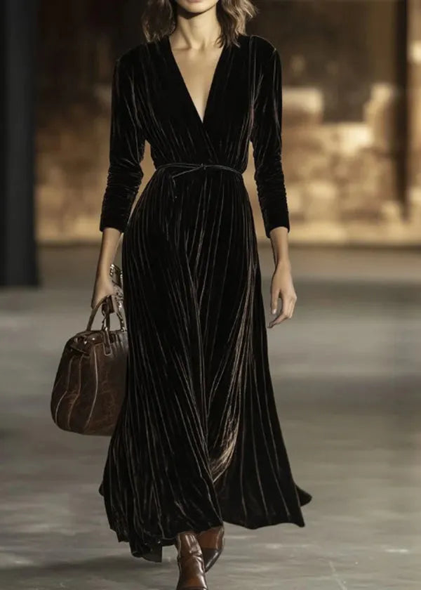 Blue V Neck Patchwork Velvet Long Dresses Fall