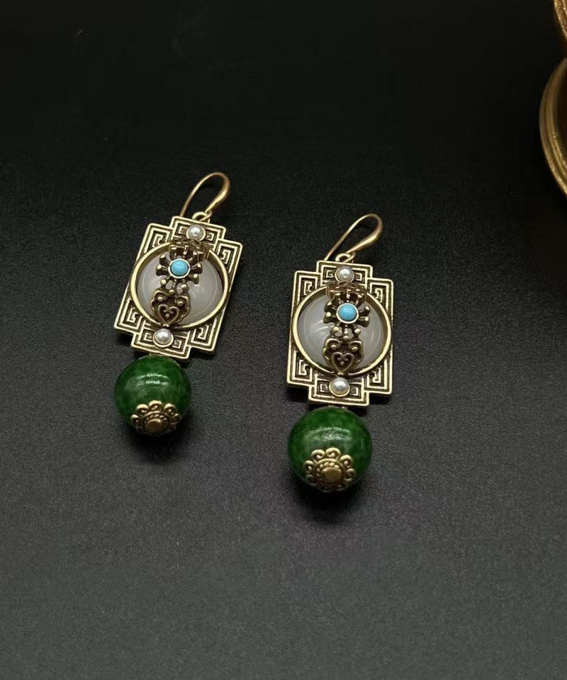 Green Ancient Gold Turquoise Safety Lock Pearl Drop Earrings