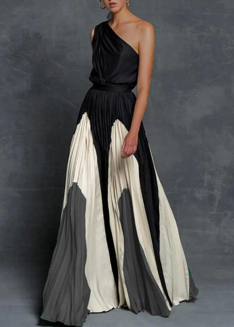 Green One Shoulder Patchwork Cotton Dresses Summer