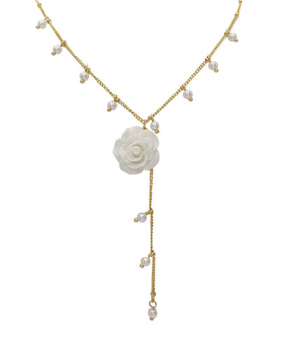 Gold Alloy Pearl Tassel Lariat Necklace