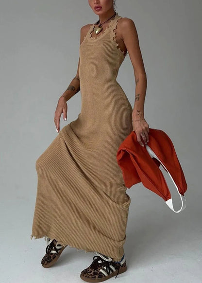 Slim Fit Khaki O Neck Knit Maxi Dresses Sleeveless