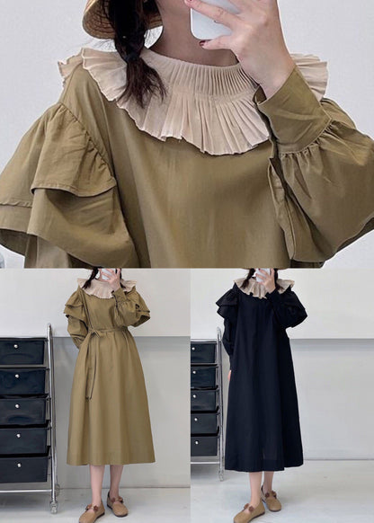 Black Pockets Cotton Dress Ruffled Summer