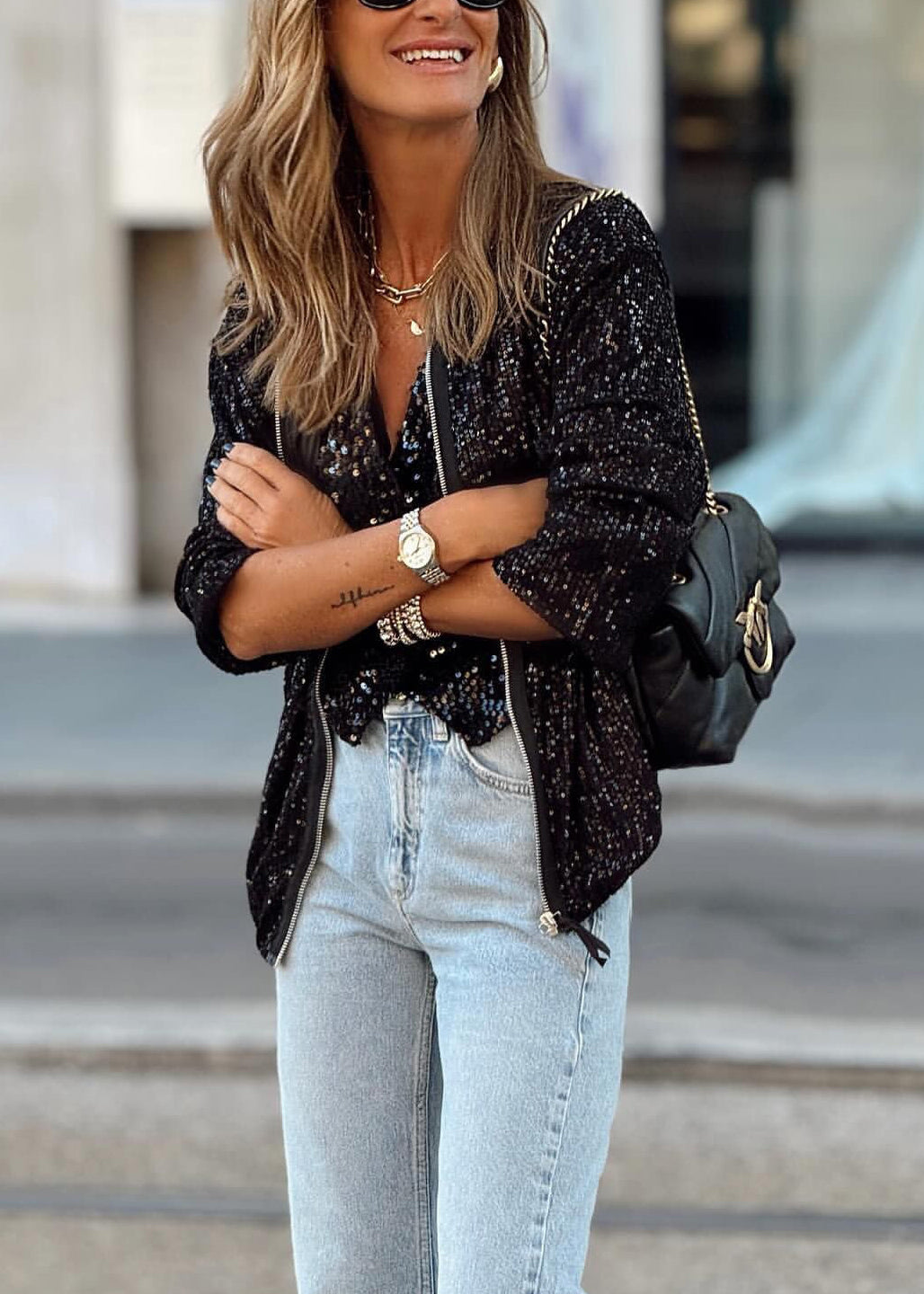 Silver Stand Collar Zip Up Sequins Jackets Fall