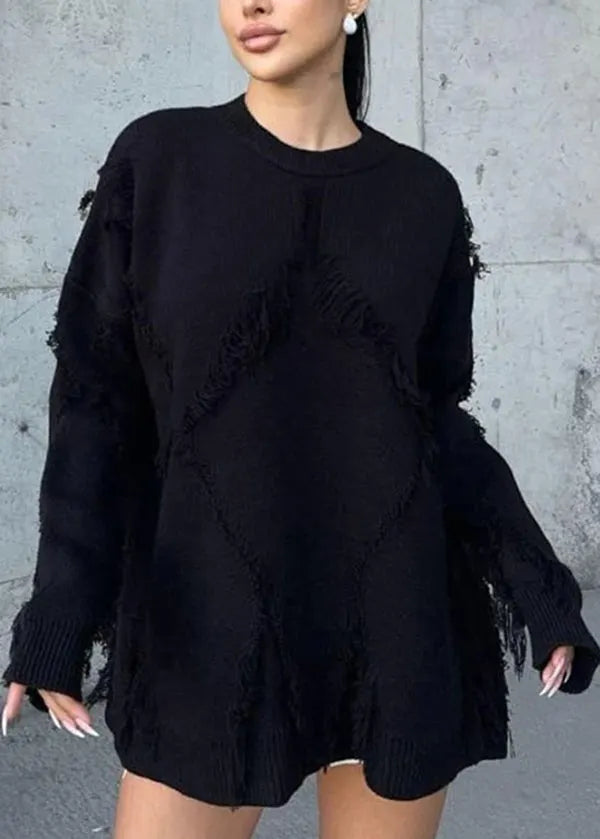 New White O Neck Tassel Knit Sweater Tops Fall