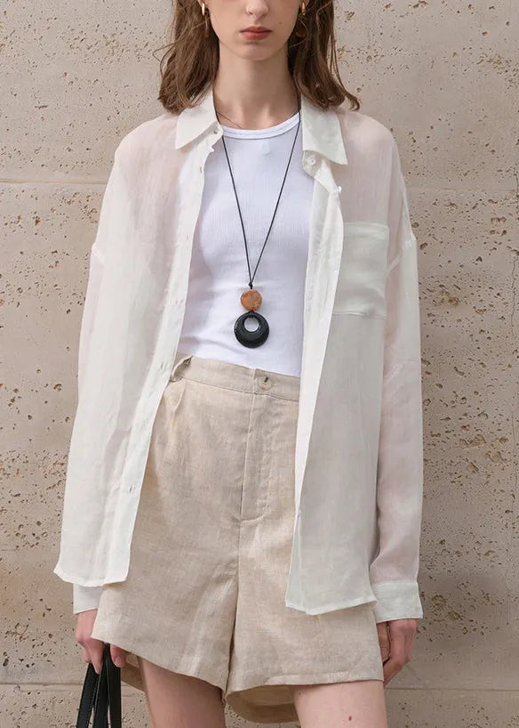 New White Peter Pan Collar Button Linen Shirt Top Summer