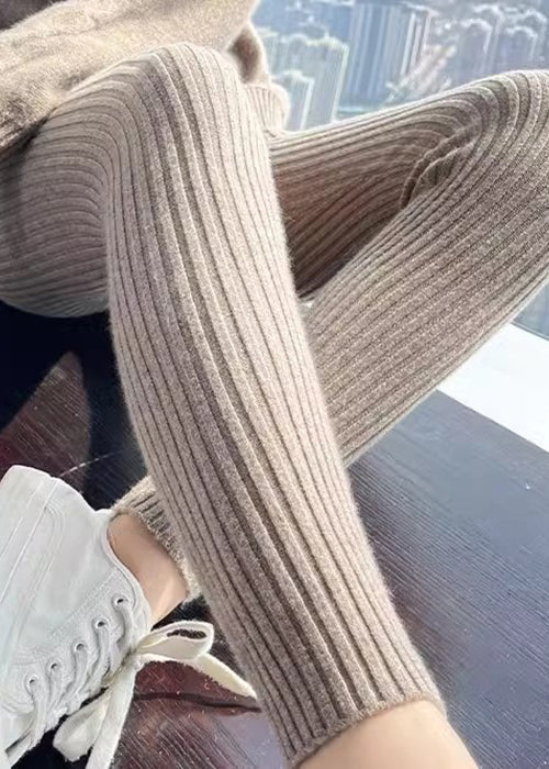 Slim Fit Khaki Striped Elastic Waist Woolen Crop Pants