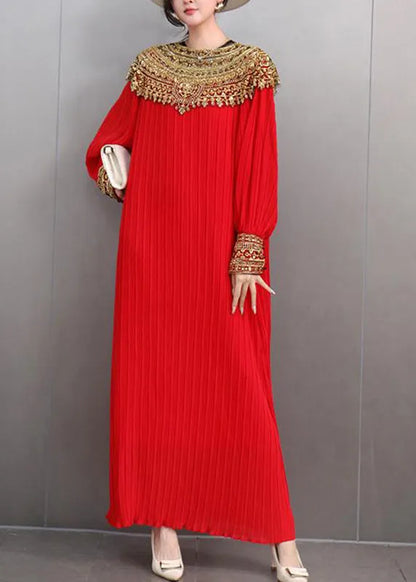 Classy Red O-neck Sequins Sashes Holiday Maxi Dress Lantern Sleeve