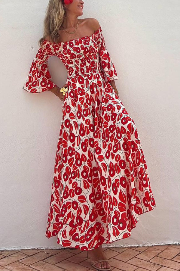 Close to the Vacation Print Smocked Off Shoulder Pocketed Maxi Dress