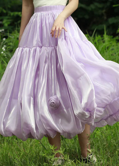 Purple Elastic Waist Silk Skirts Summer