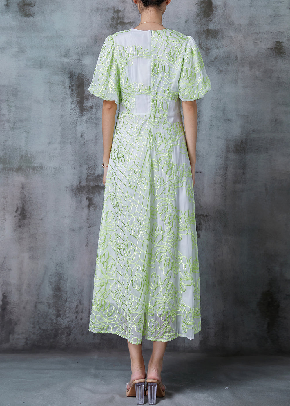 Green Embroidered Organza Robe Dresses Puff Sleeve