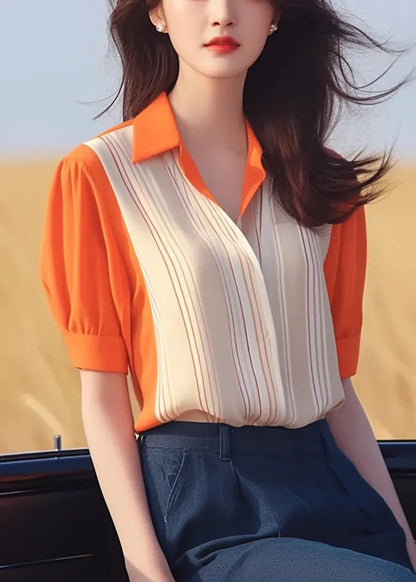 Orange Peter Pan Collar Patchwork Chiffon Shirt Summer