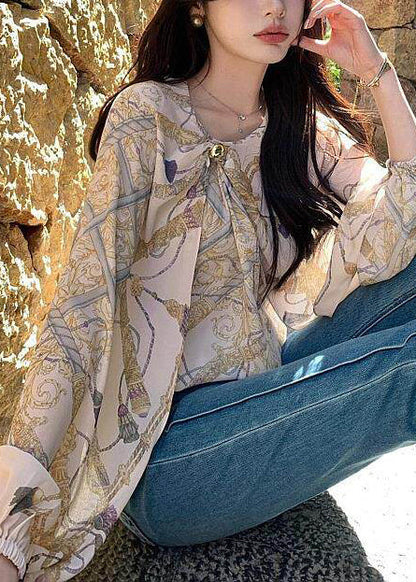 Beige Asymmetrical Print Chiffon Shirt Spring