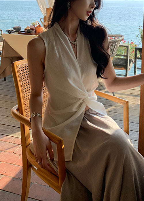 White V Neck Front Open Cotton Blouses Sleeveless