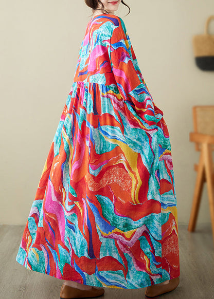 Holiday Style Red O-neck Print Loose Cotton Long Dress Summer