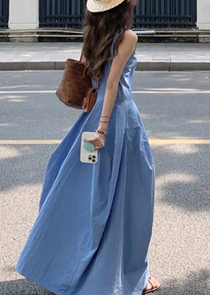 New Blue O Neck Pockets Cotton Long Dress Sleeveless