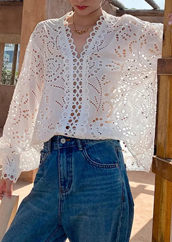 Italian White Hollow Out Cotton Shirts Spring