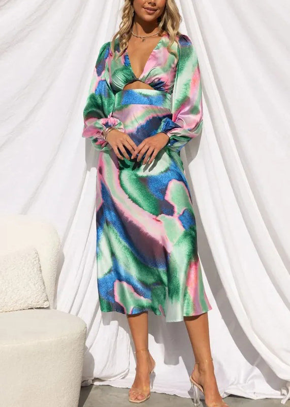 French Yellow V Neck Hollow Out Tie Dye Silk Long Dress Spring
