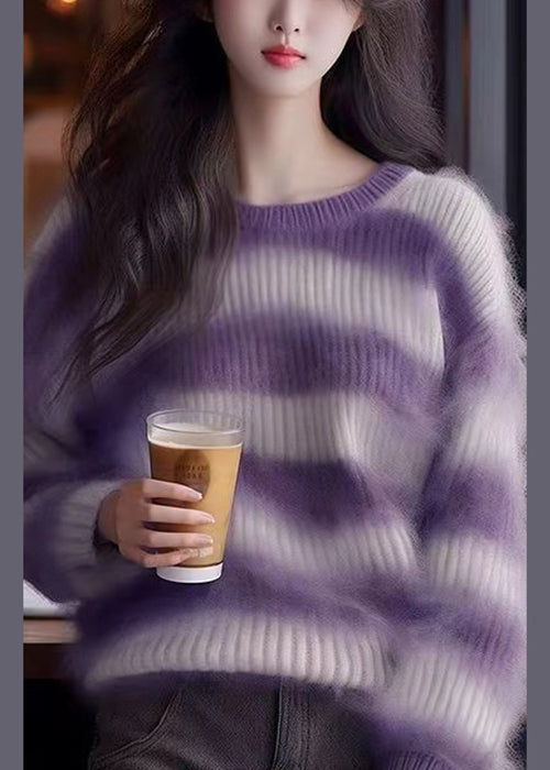 Purple O Neck Striped Cozy Knit Sweater Winter