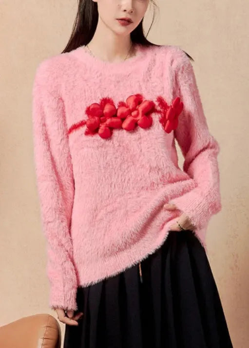 Pink O Neck Mink Hair Knitted Sweaters Winter