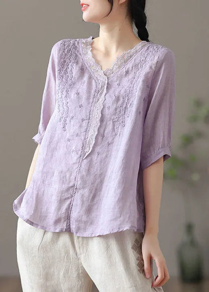 Purple V Neck Embroidered Linen Blouse Tops Half Sleeve