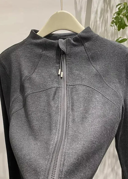 Dark Grey Velour Jackets Zip Up Stand Collar Winter