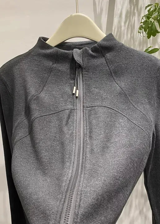 Dark Grey Velour Jackets Zip Up Stand Collar Winter