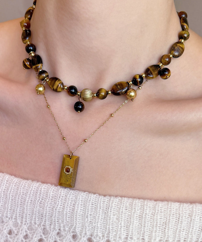 Brown Tiger's Eye Stringing Beads Layering Alloy Two Piece Set Necklace