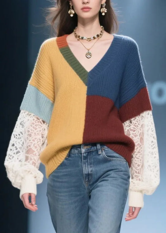 Classy Colorblock Asymmetrical Patchwork Lace Cozy Sweaters Fall